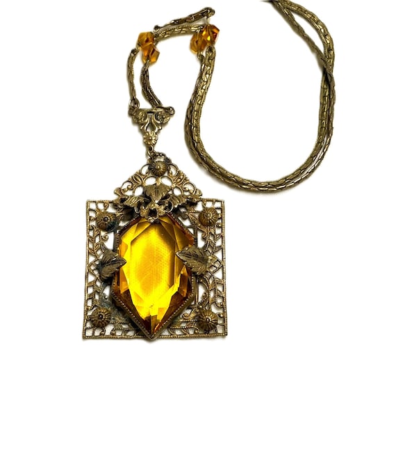 c1920s Czech Topaz Glass Pendant Necklace - image 1