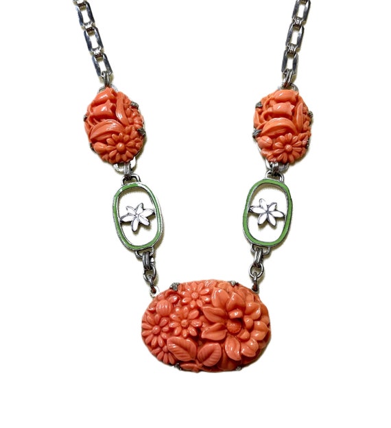 Deco Era Molded Coral Glass and Enamel Necklace