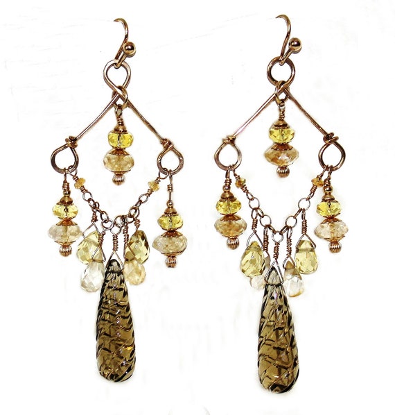 Dangling Citrine & Whiskey Quartz Chandelier Earr… - image 1