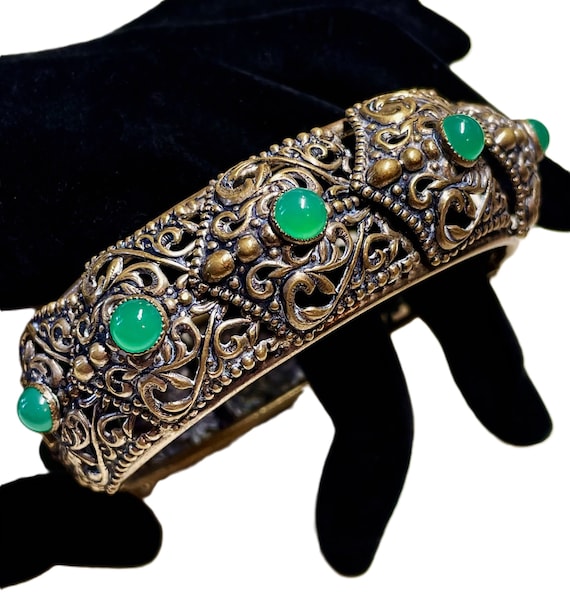 c1930/40s Ornate Czech Jeweled Hinged Bangle Brace