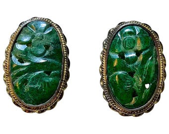 1940s Carved Jade, Sterling and 14k Clip-Back Earrings