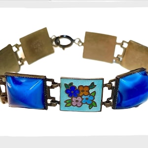 c1920s Deco Era Czech Enamel Link & Blue Sugarloaf Cabochon Bracelet