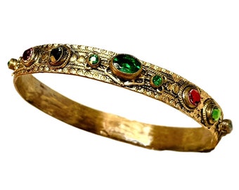 c1920s Ornate Brass Jeweled Bangle Bracelet