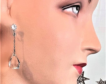 Art Deco Era Clear Faceted Drop Earrings, Screw Back