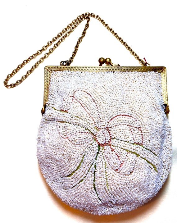 c1920s White Beaded Purse With Embroidered Bow Mo… - image 2