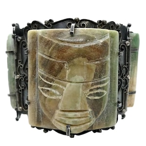 1930s Mexican Sterling Silver and Green Onyx Mask Bracelet image 1