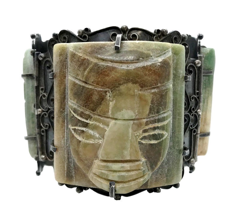 1930s Mexican Sterling Silver and Green Onyx Mask Bracelet image 1
