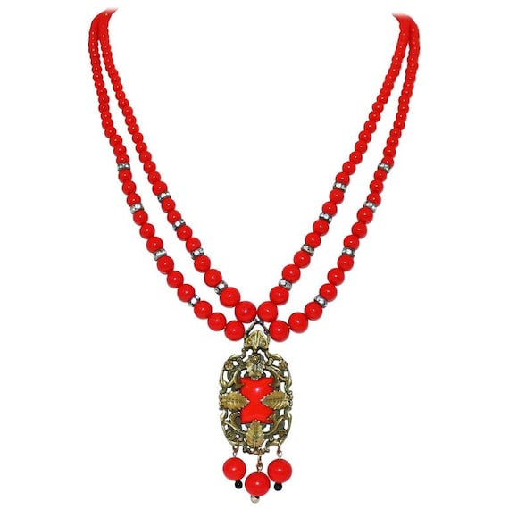 1930s Czech Red Beaded Pendant Necklace