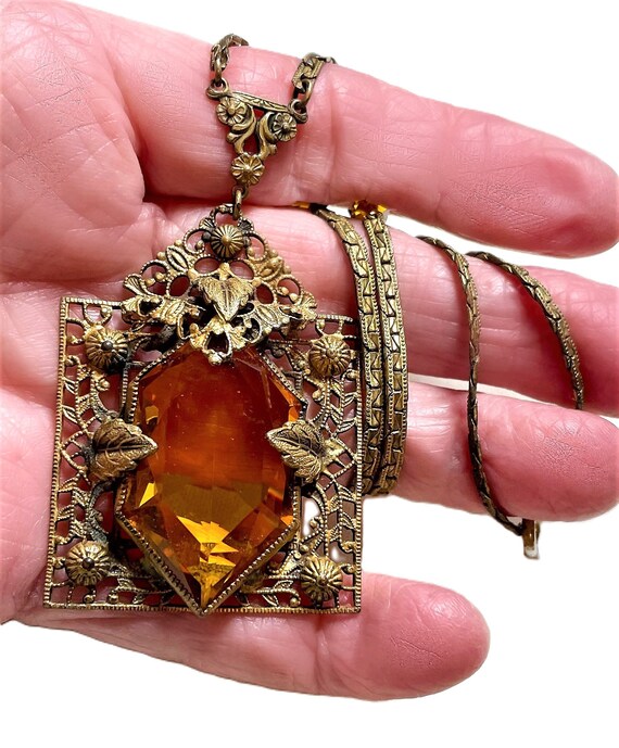 c1920s Czech Topaz Glass Pendant Necklace - image 3