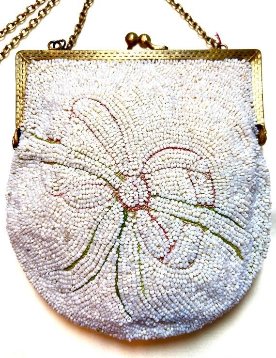 c1920s White Beaded Purse With Embroidered Bow Mo… - image 3