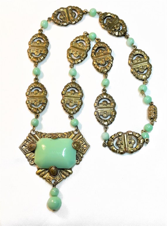 c1920/30s Ornate Goldtone Link Necklace w/Light Gr