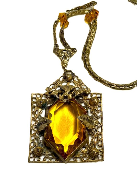 c1920s Czech Topaz Glass Pendant Necklace - image 4