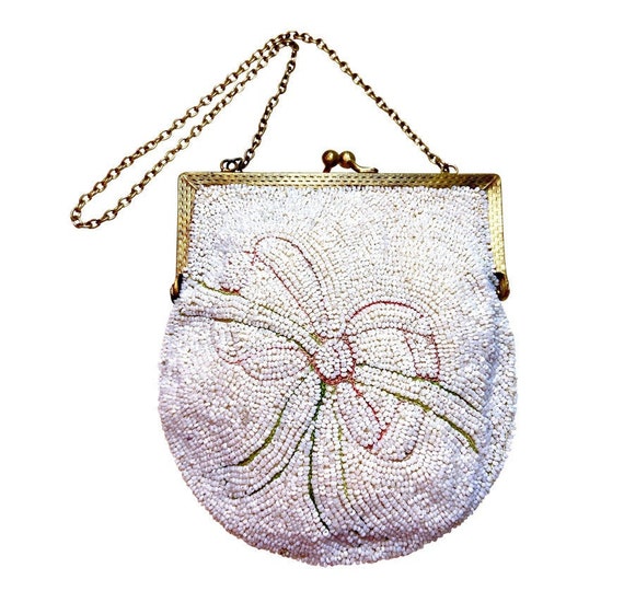 c1920s White Beaded Purse With Embroidered Bow Mo… - image 1