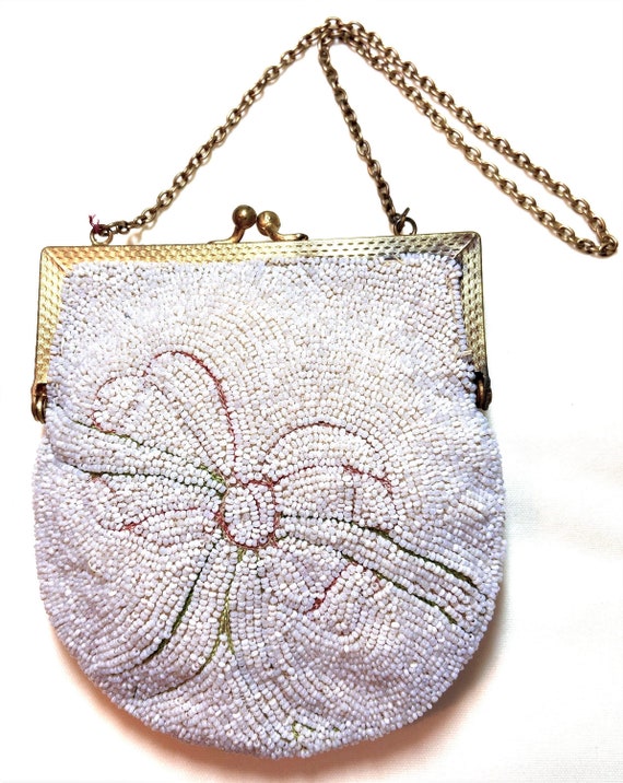 c1920s White Beaded Purse With Embroidered Bow Mo… - image 4