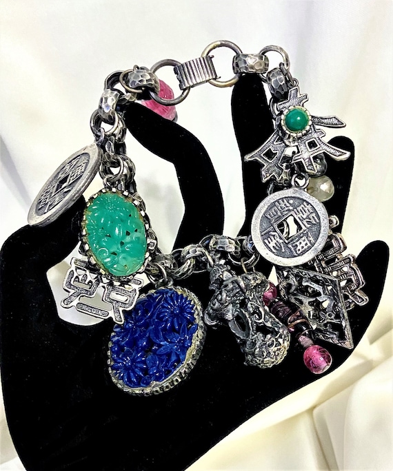 Napier Asian Motif Jeweled Charm Bracelet, Unsigne