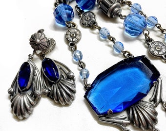 c1930 Blue Faceted Glass and Silvertone Pendant Necklace & Earring Set