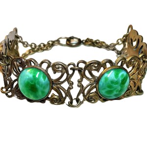 c1920/30 Deco Era Bracelet with Green Glass Cabochons