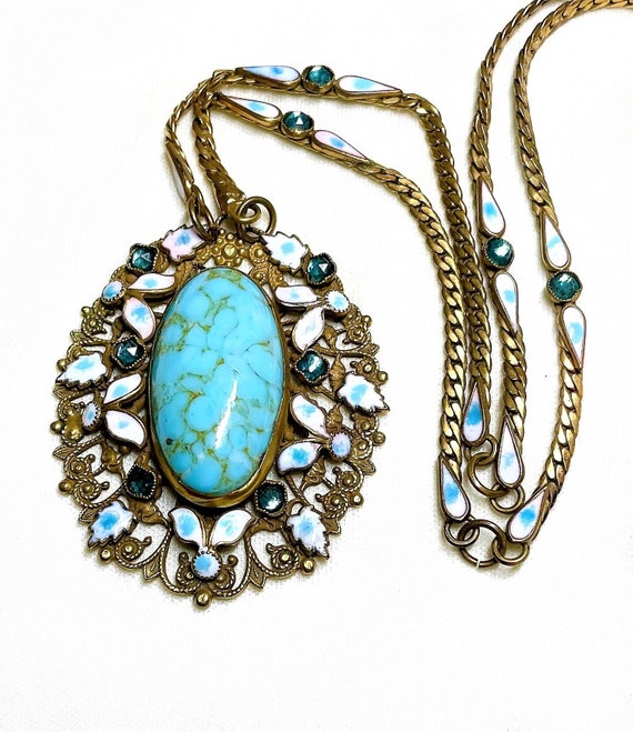 c1920/30s Deco Era Blue Cabochon & Enamel Pendant… - image 1