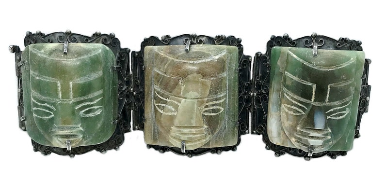 1930s Mexican Sterling Silver and Green Onyx Mask Bracelet image 4