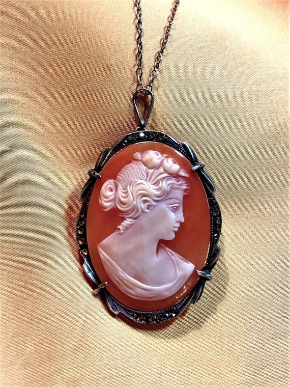 Vintage 800 Silver Shell Cameo Brooch and Pendant for Cameo