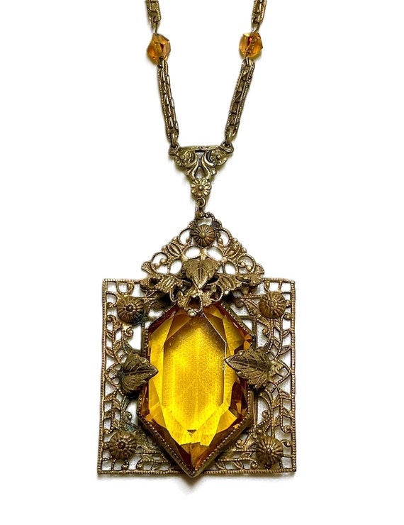 c1920s Czech Topaz Glass Pendant Necklace - image 6