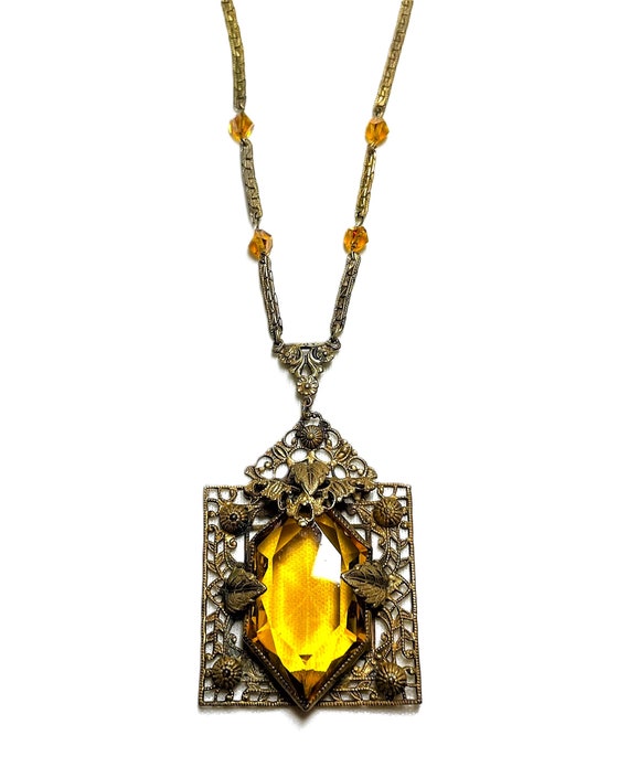 c1920s Czech Topaz Glass Pendant Necklace - image 5