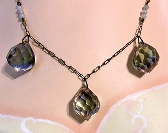 c1920s Brass Chain Necklace With Three Iridescent Faceted Drops