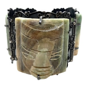 1930s Mexican Sterling Silver and Green Onyx Mask Bracelet image 2