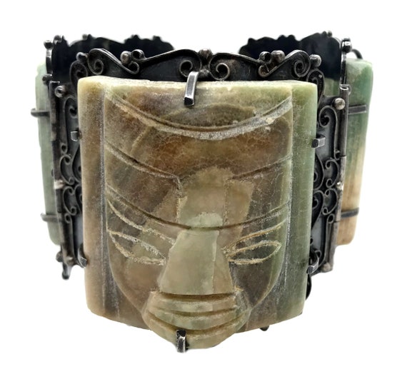 1930s Mexican Sterling Silver and Green Onyx Mask… - image 2