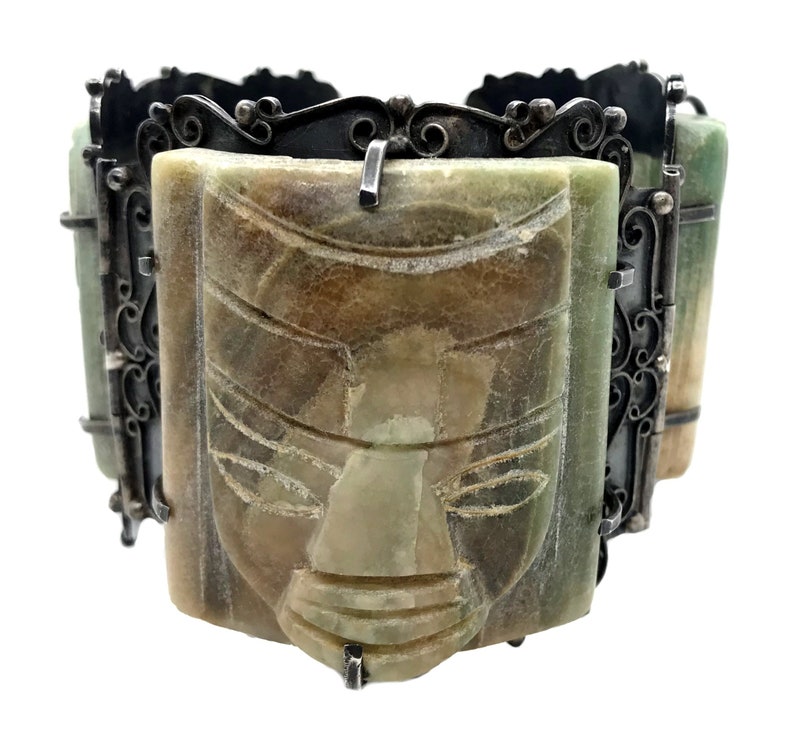 1930s Mexican Sterling Silver and Green Onyx Mask Bracelet image 2