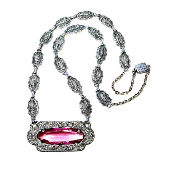 c1920s Chromium Filigree Necklace with Pink Facete