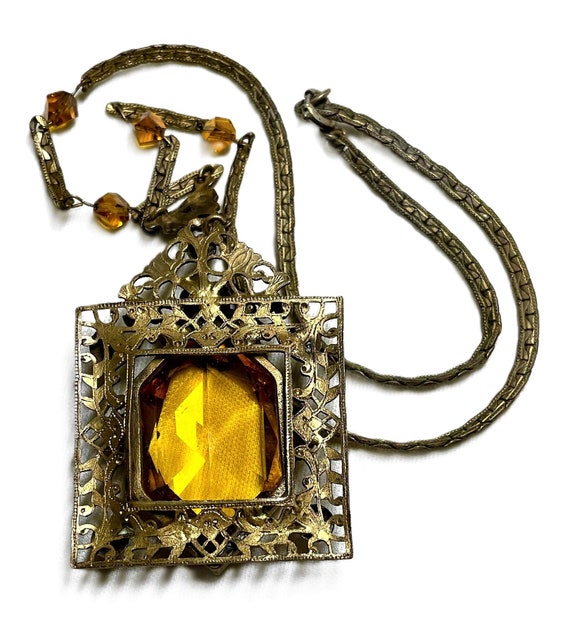 c1920s Czech Topaz Glass Pendant Necklace - image 7