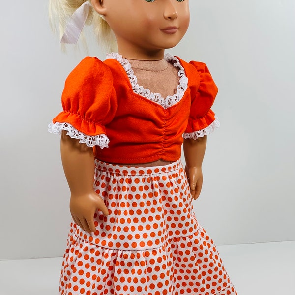 Orange & white 18 inch doll outfit; polka dotted maxi skirt and crop top, 3-tier maxi skirt and top handmade for AG dolls, boho cottage core