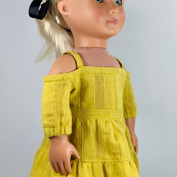 Mustard Yellow ruffled skirt & off-shoulder top outfit handmade to fit 18 inch dolls; AG doll clothes trendy; fall boho skirt top 18 inch