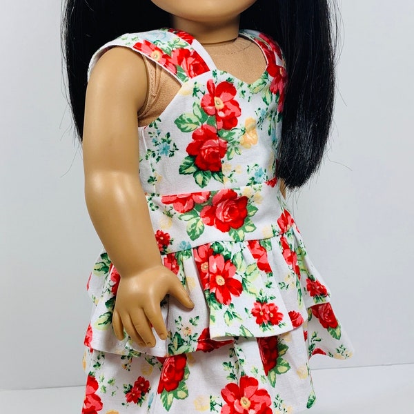 White cotton sun dress with red roses, handmade to fit 18 inch dolls, AG doll clothes trendy, modern doll dress, summer Easter