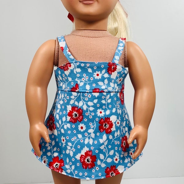 18 inch doll 2-piece bathing suit, AG doll bathing suit, 1970s bathing suit, AG doll clothes trendy, red white blue floral swimsuit retro