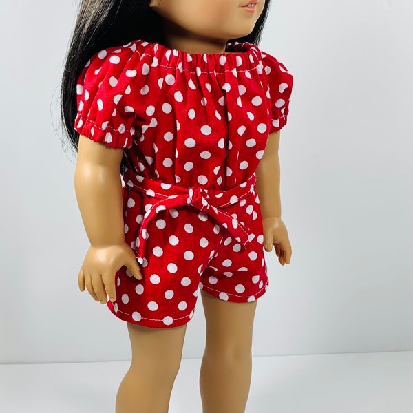 18 inch doll romper red & white polka dots, doll clothes trendy, AG doll clothing modern, doll shorts, summer doll outfit modern, nautical