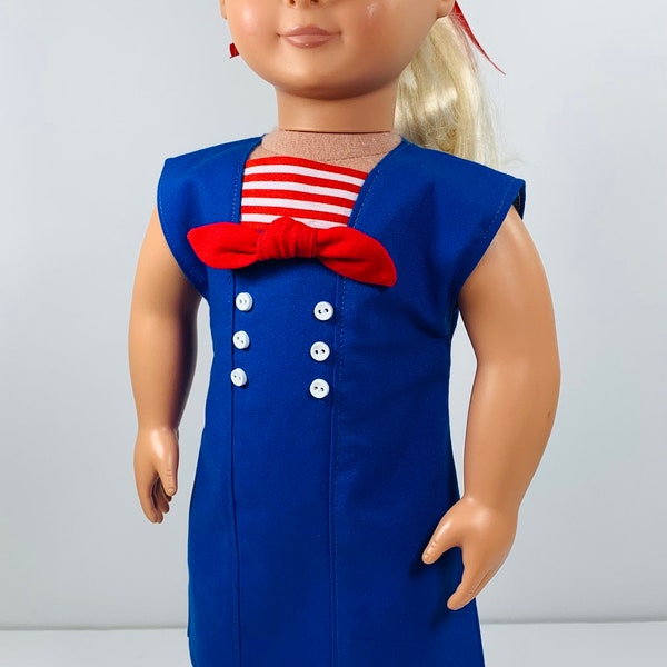 Nautical dress handmade for 18 inch dolls, AG doll dress, 18 inch dress, AG trendy clothes, 18 inch doll dress sailor, red white blue dress
