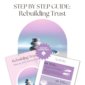 Puede incluir: Una guía paso a paso para reconstruir la confianza con un fondo rosa y azul. La guía incluye una sección sobre recibir el perdón y establecer límites. La imagen también incluye un botón de descarga.