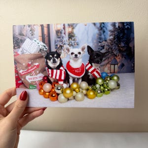 Chihuahuatrio en kerstballen A5-kerstkaart I Iconic Destiny's Chis Dogs | Inclusief envelop | Blanco binnenkant