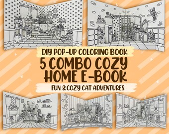 Cozy Home Coloring Book 5 Combo Set, Printable Home Interior Colorful Pages, House Room Coloring, Digital Diy Pop Up Kids & Adults Activity