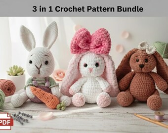 3 in 1 Crochet Pattern PDF Bundle, Projects for Beginners, No Sew Amigurumi, Carrot Loving Bunny, Friendly Floral Pattern, Instant Download