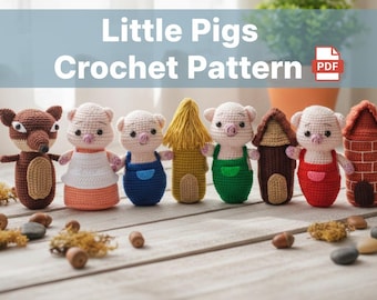 Little Pigs Crochet Pattern PDF Bundle, Projects for Beginners, No Sew Amigurumi, Mother Pig, Wolf, Straw House, Stick House, Brick House