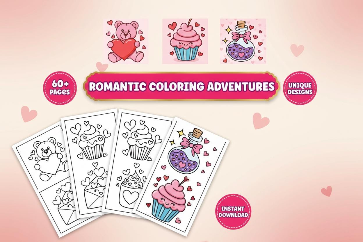 Valentines Day Coloring Pages, Love Theme Coloring Book Gift for Her ...
