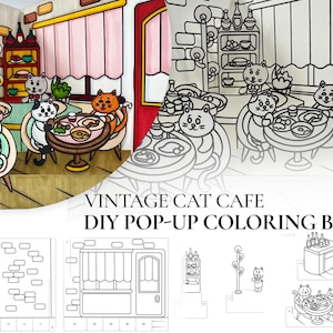 Vintage Cat Cafe Coloring Book, Cozy Animal Cafe, Pop Up Coloring Pages, Printable Digital Download Coloring Book, Perfect Cat Lovers Gift