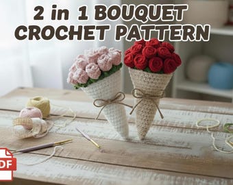 2 in 1 Blanket Bouquet Crochet Pattern Bundle, Amigurumi Pattern for Beginners, Love Themed Pattern, Gift for Her, Red Roses & Bell Flower
