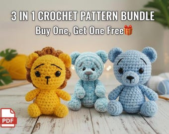 3 in 1 Animal Crochet Pattern Pdf Bundle, Handmade Plush Toy, Amigurumi Projects for Beginners, Buy 1 Get 1 Free, Surprise Gift Included