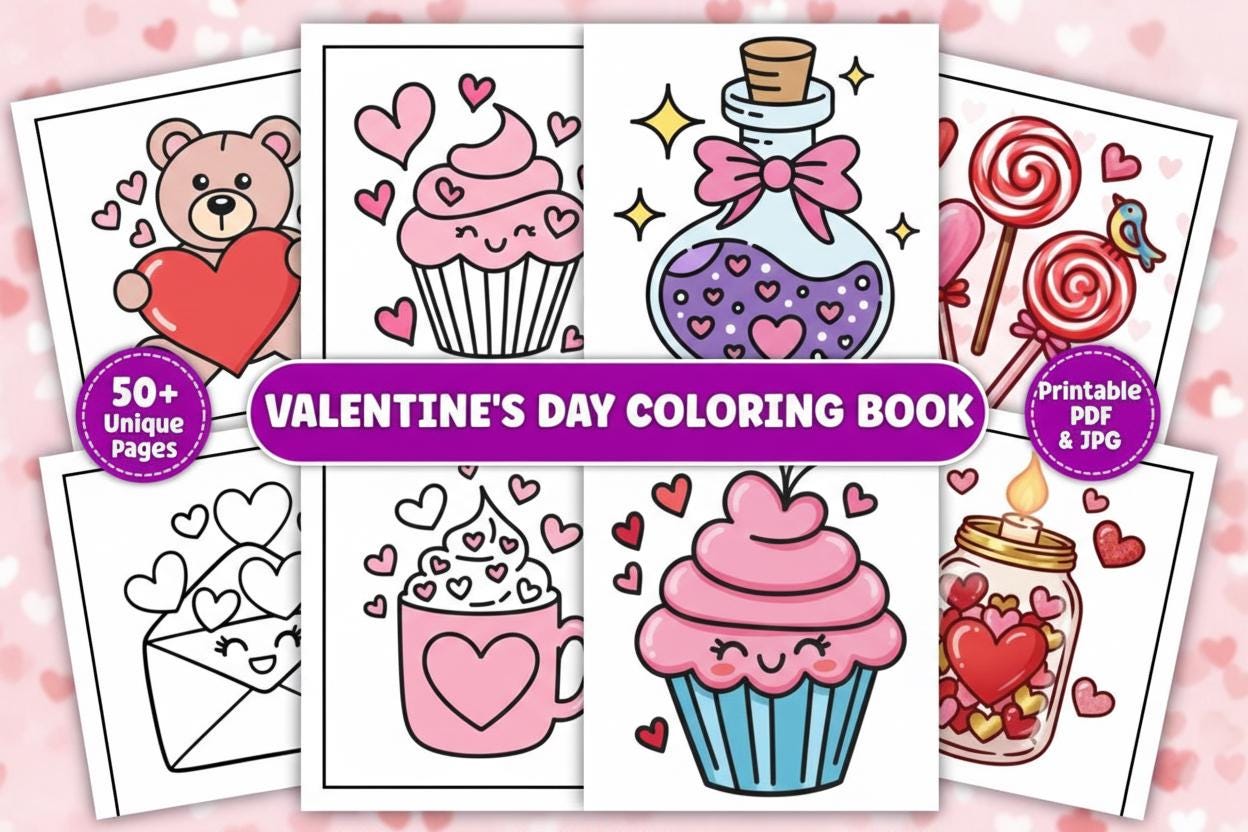 Valentines Day Coloring Pages, Love Theme Coloring Book Gift for Her ...