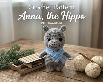 Anna the Hippo Crochet Pattern, Handmade Animal Theme Plush Toy Crochet Project for Beginners, Easy Kawaii Amigurumi, Digital Download PDF