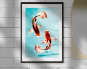 池鯉水彩画 日本の鯉の池の墨水彩画1デジタルダウンロード印刷 - 日本